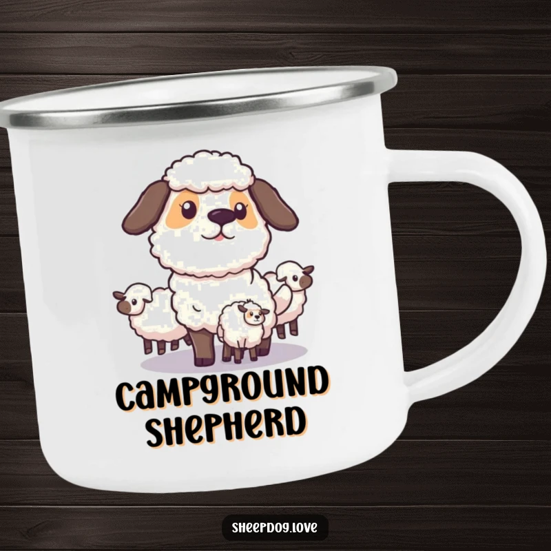 Funny Sheepdog Camping Mug: A focused sheepdog strategically herds sheep, embodying purpose and control, ideal for outdoor adventures and a humorous sip.