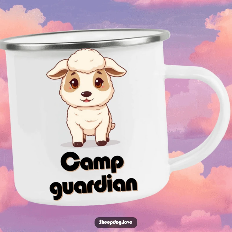 Funny camping mug with a gentle and protective sheepdog standing guard, durable and humorous for outdoor enthusiasts.