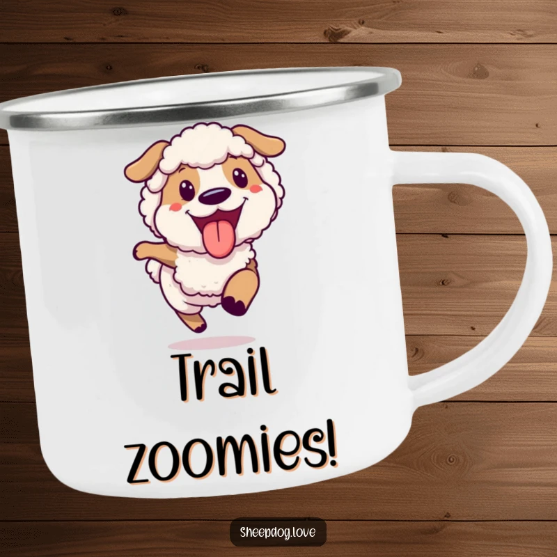 Funny joyful sheepdog running camping mug, a happy dog running with tongue out, for outdoor use.