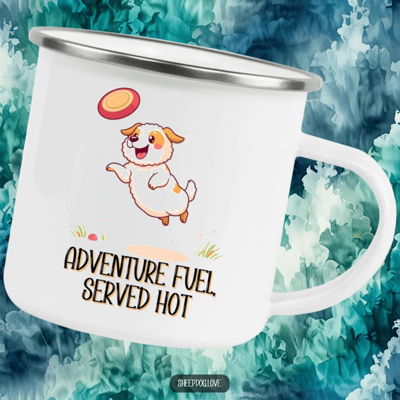 Funny sheepdog camping mug portraying a determined sheepdog ready to explore the wilderness, perhaps chasing a hidden frisbee.