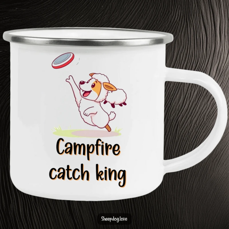 Funny Sheepdog Camping Mug: Sheepdog energetically catching a frisbee thrown by a sheep, perfect for outdoor fun.