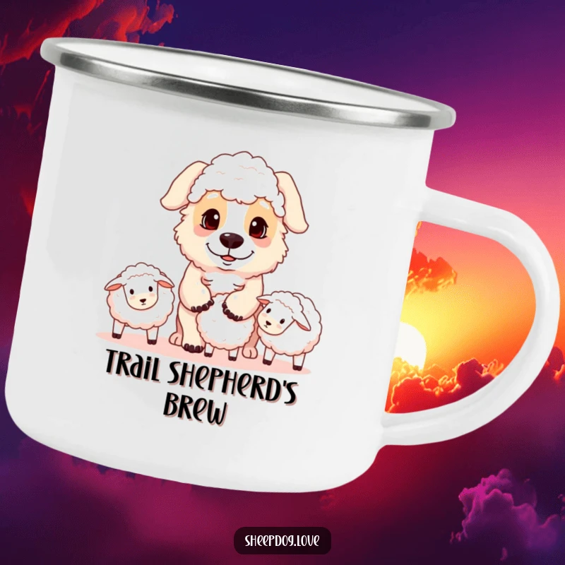 Funny sheepdog camping mug featuring a playful herding dog with a focused gaze rounding up sheep, ideal for enjoying beverages outdoors.