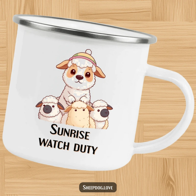 Funny camping mug featuring a sheepdog with a hat watching its flock, perfect for enjoying drinks during outdoor adventures.