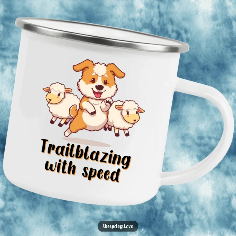 Funny sheepdog camping mug featuring a dog performing a swift maneuver to redirect sheep, perfect for enjoying beverages outdoors.