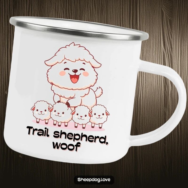 Funny sheepdog camping mug with a sheepdog joyfully herding fluffy sheep, charming outdoor companion, a delightful funny gift.