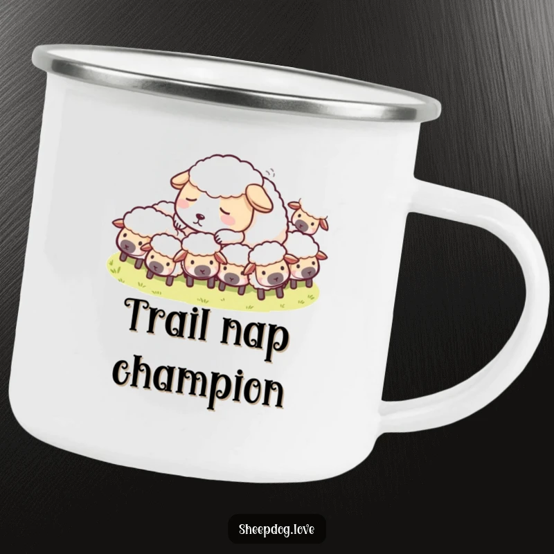 Funny Sheepdog Camping Mug illustrating a sheepdog napping among sheep, perfect for outdoor peace.