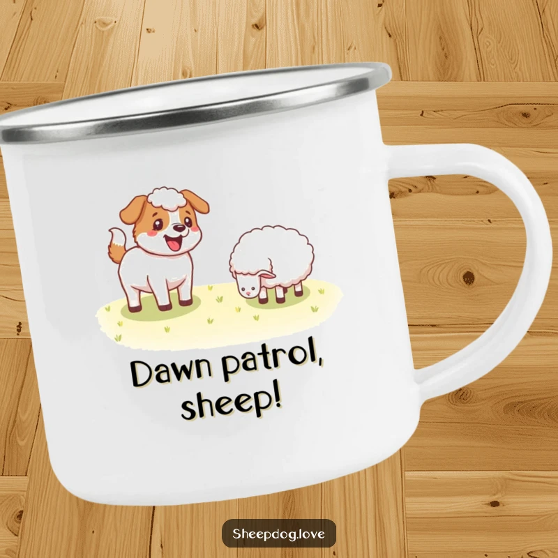 Funny Sheepdog camping mug showing a happy dog wagging its tail near sheep, ready for outdoor adventures and warm beverages.