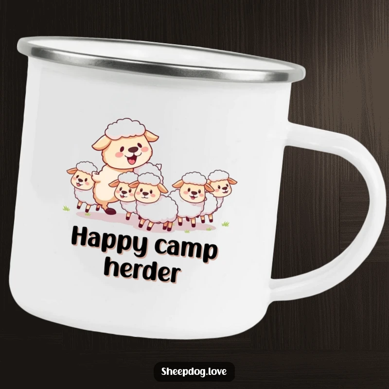 Funny sheepdog camping mug featuring a fluffy herding dog joyfully guiding sheep, ideal for enjoying beverages outdoors with humor.