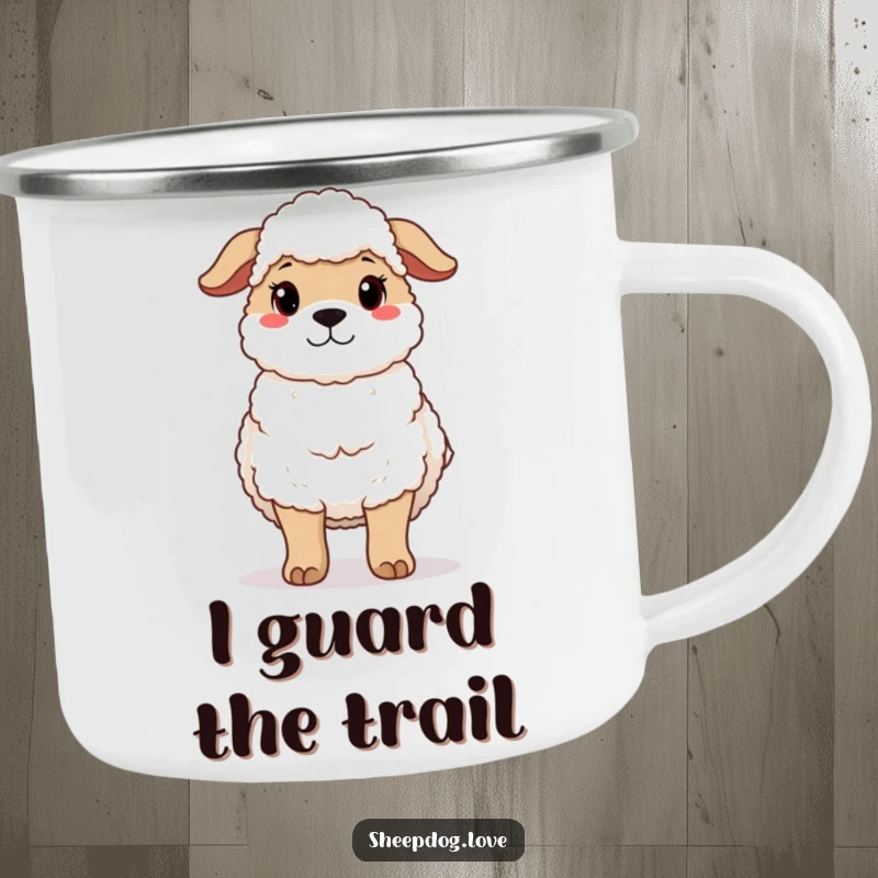Funny camping mug featuring a protective sheepdog standing guard with a gentle expression, perfect for loyal outdoor sips.