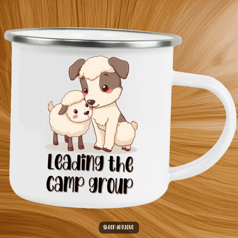 Funny Nudging Sheepdog Camping Mug showing a sheepdog gently nudging a stray sheep, perfect for enjoying drinks outdoors.