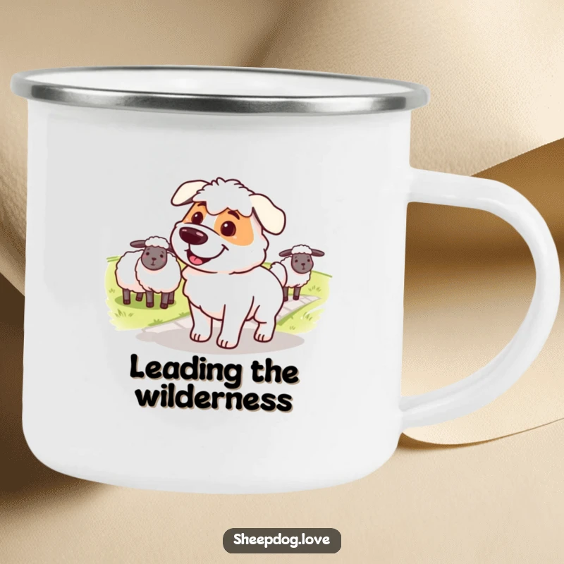 Funny sheepdog camping mug, showing a determined dog smiling while guiding sheep across a path, ready for adventure.