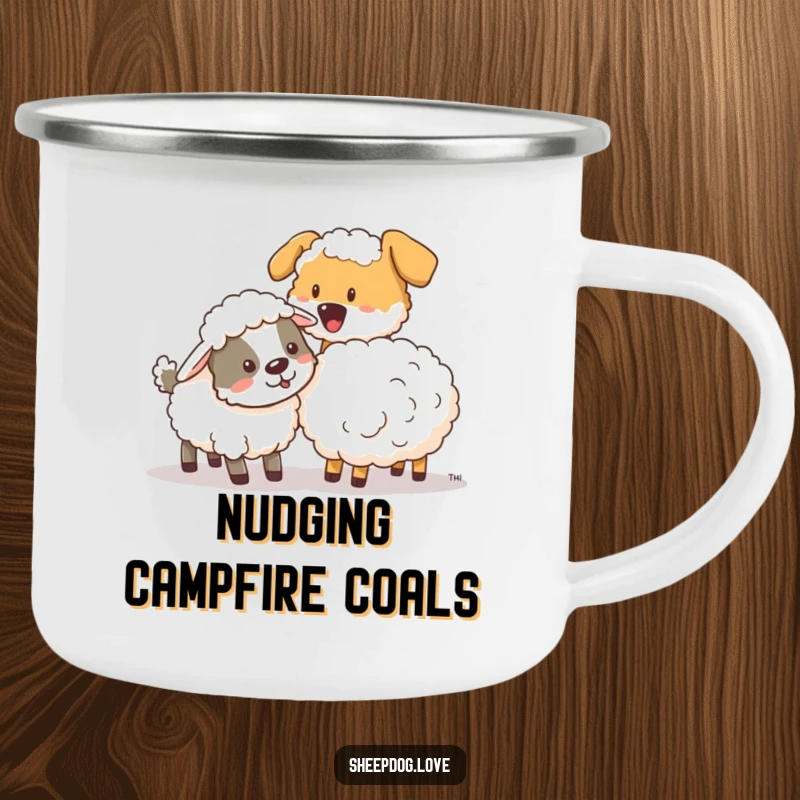 Funny sheepdog playfully nudging a stray sheep on a durable camping mug, ready for any hiking trail.