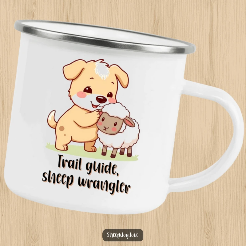 Funny sheepdog nudging a stray sheep back to the flock on a camping mug, ready for adventures.
