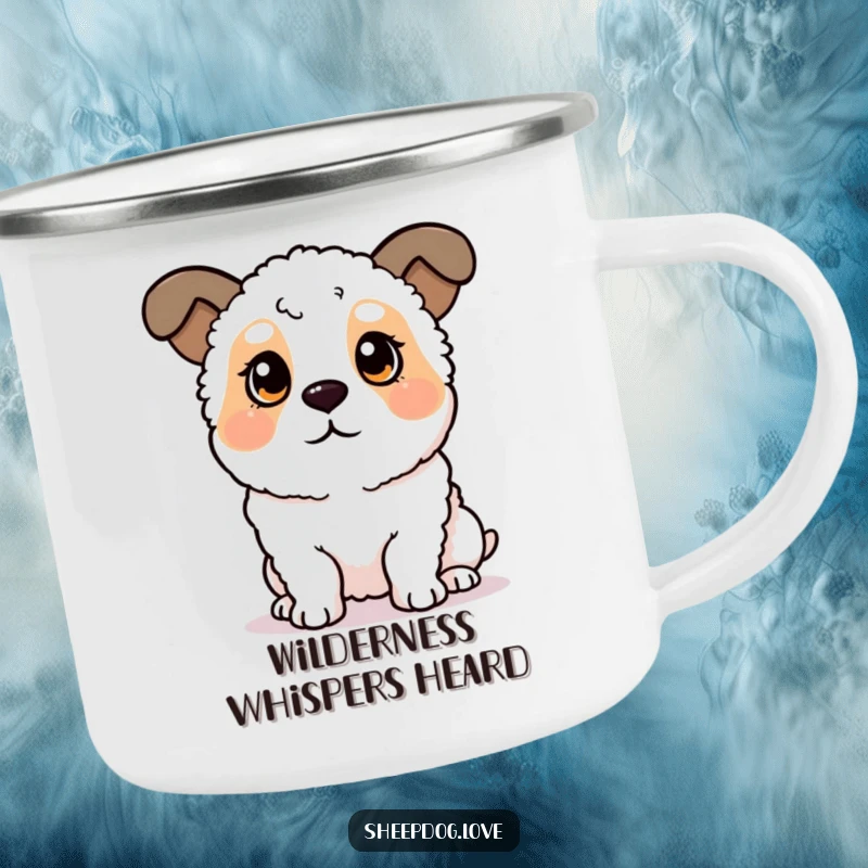 Funny sheepdog camping mug with a dog's perked ears, listening intently, designed for outdoor adventures. A perfect gift for hikers.