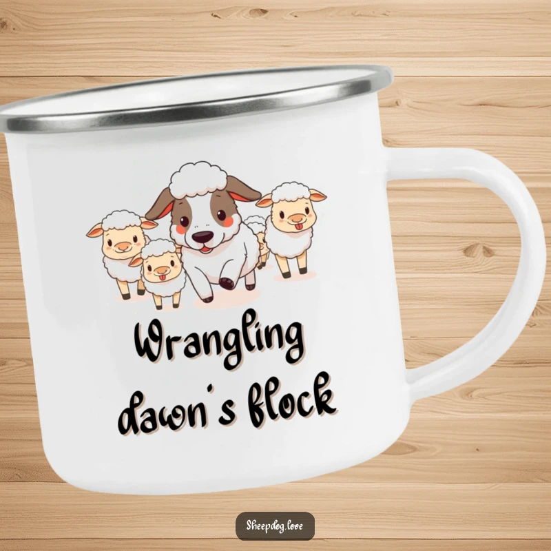 Funny sheepdog navigating a grassy field to herd sheep on a durable camping mug, ready for adventure.