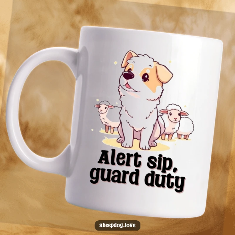 Funny guard sheepdog mug, an alert dog looking intently into the distance, diligently protecting sheep.