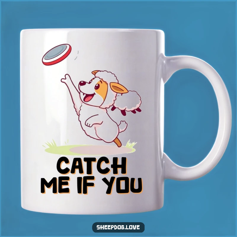 Funny Sheepdog Mug: Energetic Frisbee Catch by Sheep, Hilarious Dog Game Gift