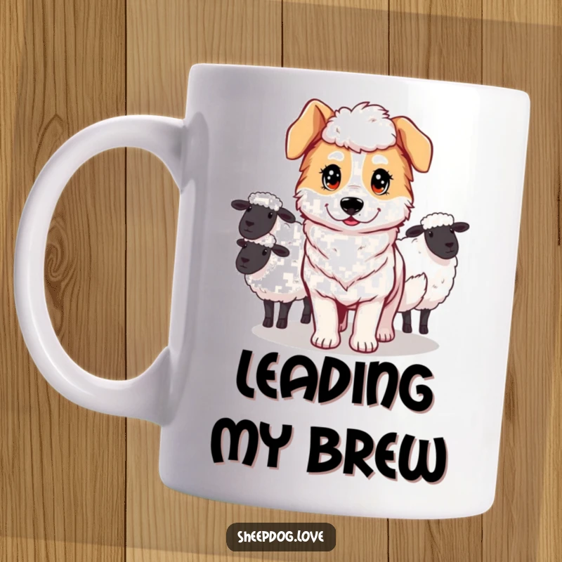 Funny mug showing a sheepdog with a determined expression, diligently guiding a flock of sheep.