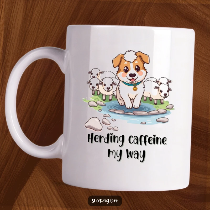 Funny Determined Sheepdog Mug showing a focused sheepdog heroically guiding sheep across a flowing stream, full of purpose.