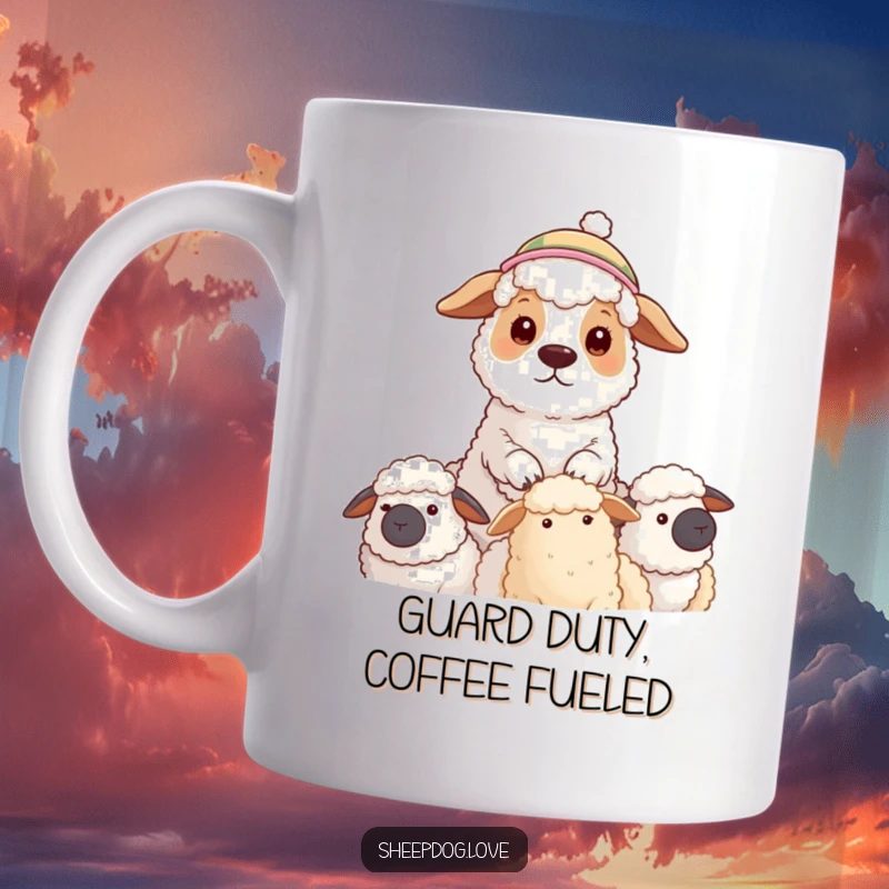 Funny mug of a sheepdog wearing a small hat, vigilantly watching over its flock, showcasing loyalty and a touch of whimsy.