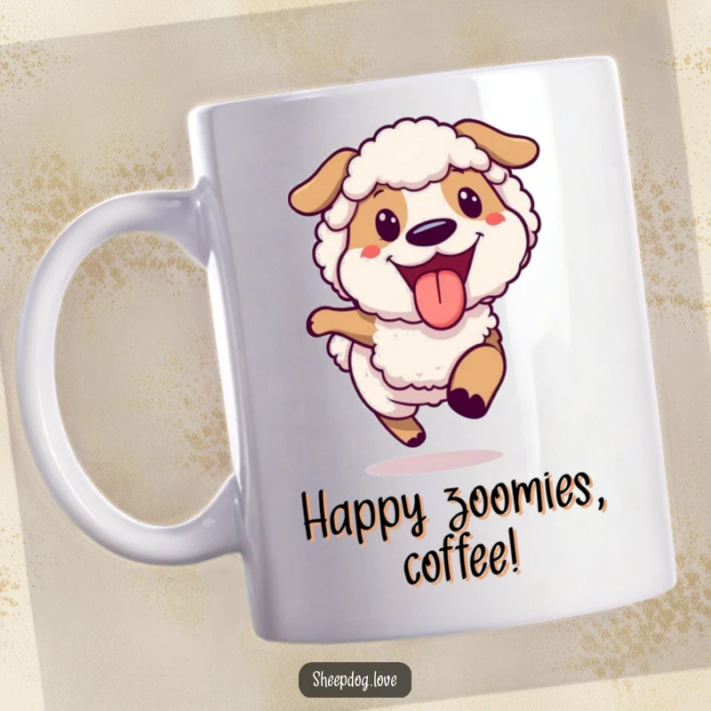 Funny joyful sheepdog running mug, showcasing a happy dog with its tongue out, mid-stride with pure glee.
