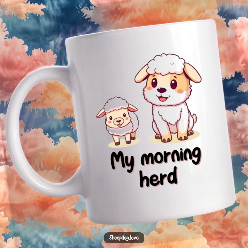 Funny Sheepdog mug depicting a pleased dog looking back as sheep closely follow, highlighting its role as a trusted leader.