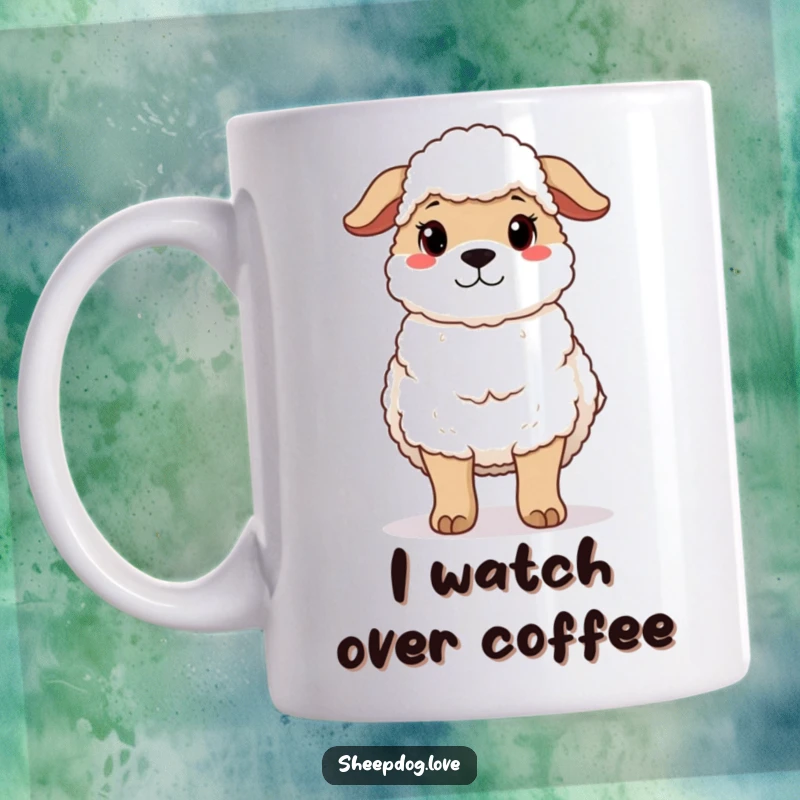 Funny mug featuring a protective sheepdog standing guard with a gentle, watchful expression, embodying loyalty and care.