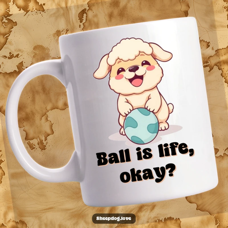 Funny sheepdog mug with a happy face, playfully barking with intense focus at a rolling ball, bringing pure joy.