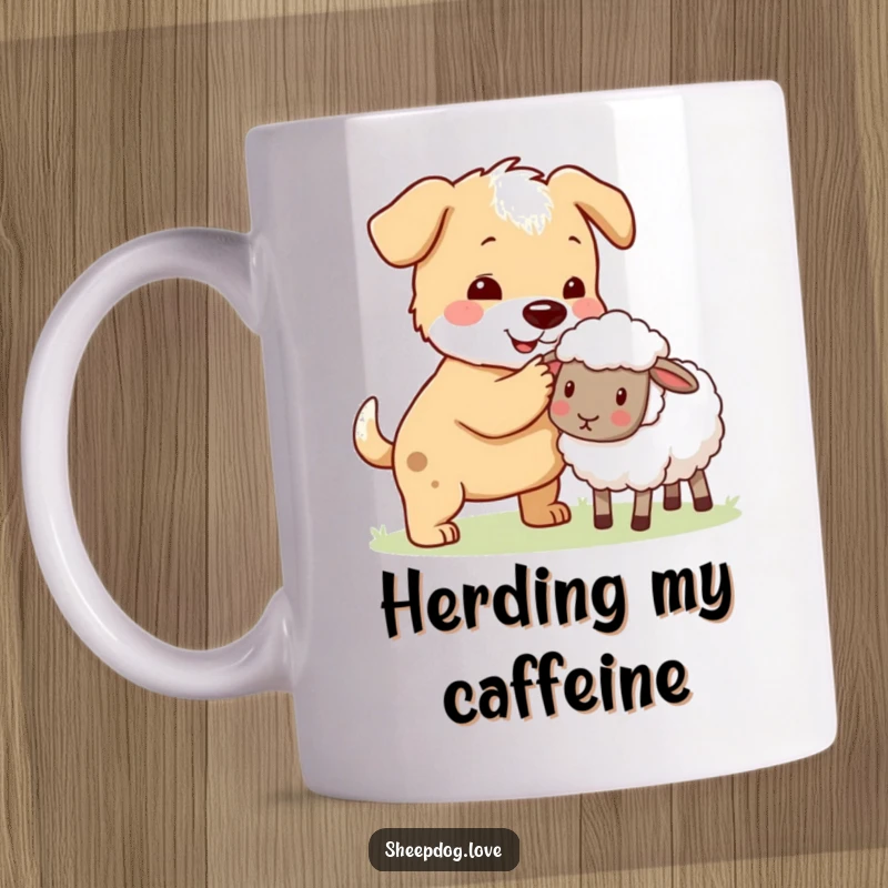 Funny sheepdog nudging a stray sheep back into the flock on a mug, celebrating canine helpfulness.
