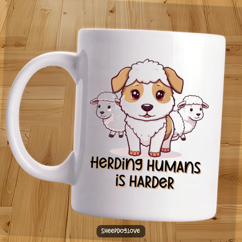 Funny Sheepdog Mug: A determined sheepdog expertly guides a line of sheep, embodying focus and a touch of furry authority, a hilarious gift.
