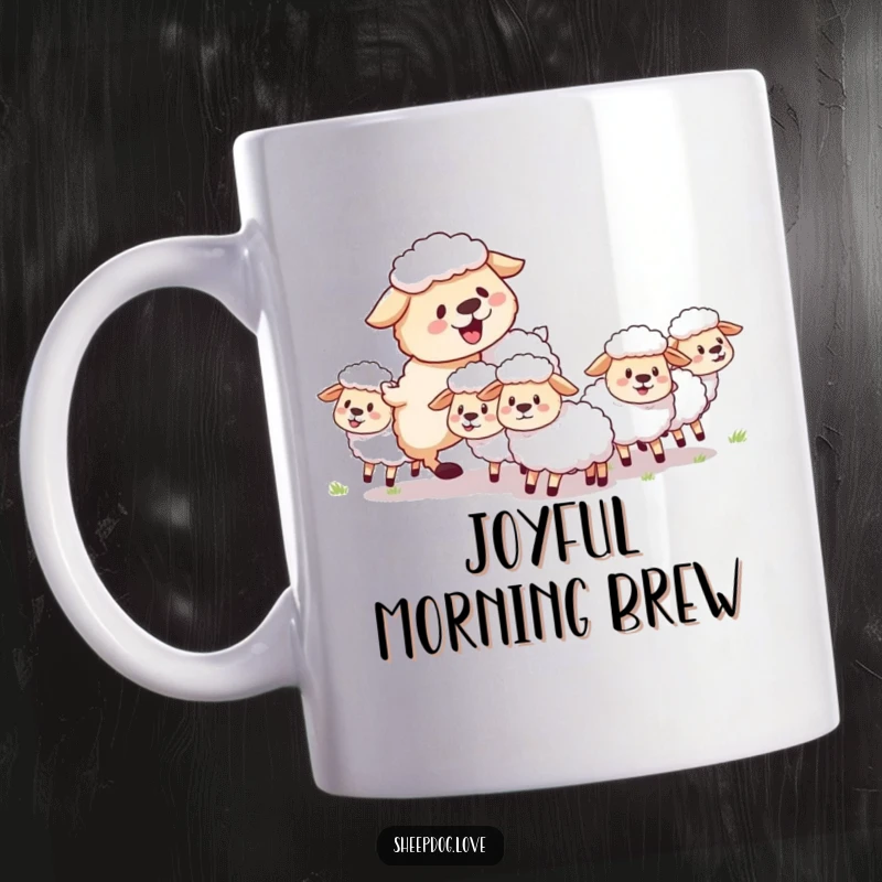 Funny sheepdog mug featuring a fluffy dog joyfully herding a small group of sheep with an infectious sense of playful energy.