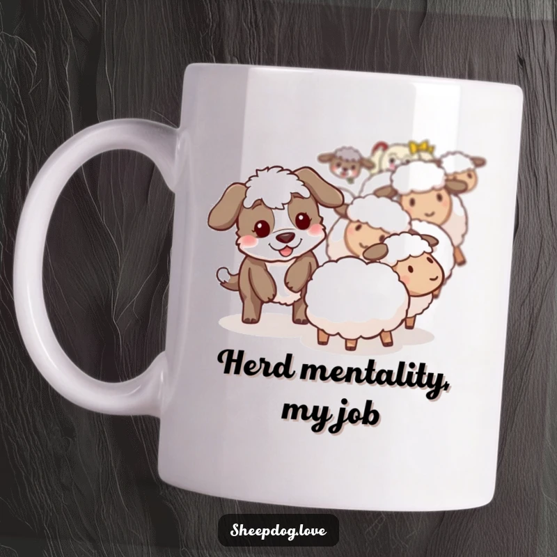 Funny sheepdog mug showing a playful sheepdog gently nudging a stray sheep back towards its flock.