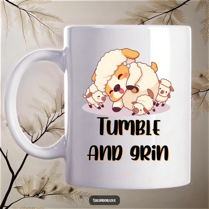 Funny Sheepdog Mug: A sheepdog doing a playful tumble, surrounded by small, cute sheep, depicting pure fun.