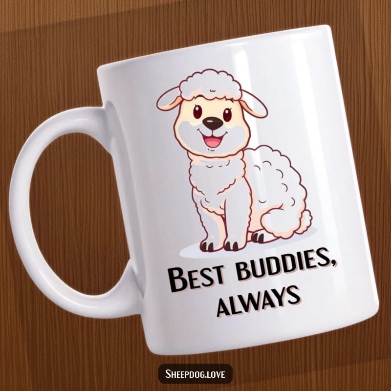 Funny sheepdog mug showing a happy sheepdog sitting attentively and proudly beside a soft, fluffy sheep.