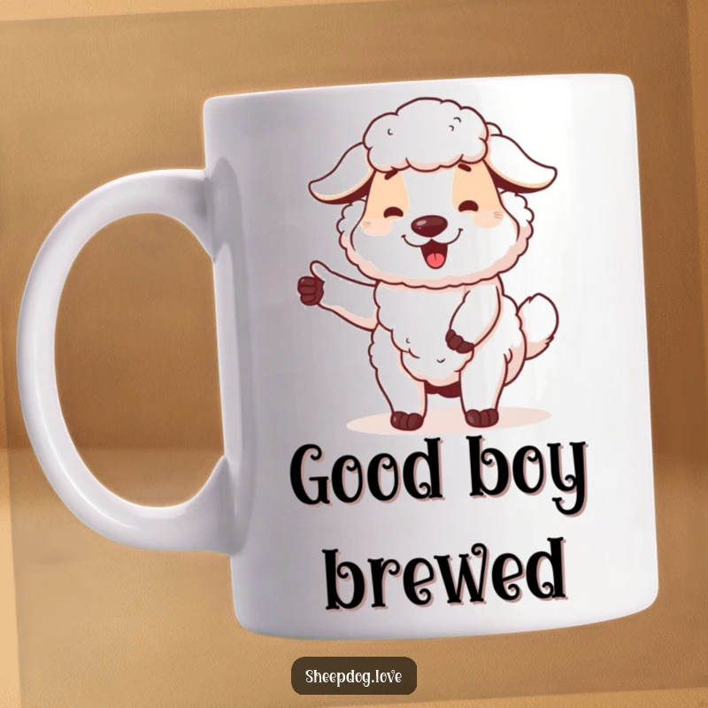 Funny sheepdog mug featuring a happy dog wagging its tail, proud of its work, a delightful gift for canine enthusiasts.