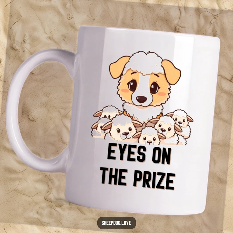 Funny sheepdog mug featuring a determined sheepdog with an intense gaze, vigilantly watching over its flock.