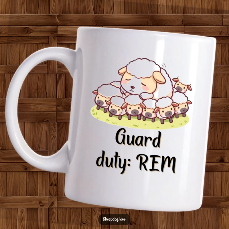 Funny Sheepdog Mug showing a peaceful sheepdog napping contentedly among its fluffy flock of sheep, radiating tranquility.