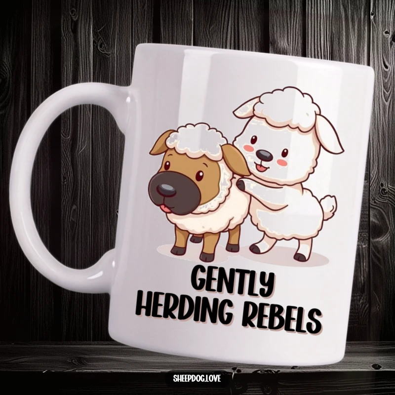 Funny sheepdog mug, a playful dog gently nudging a stray sheep back towards the flock with a determined expression.