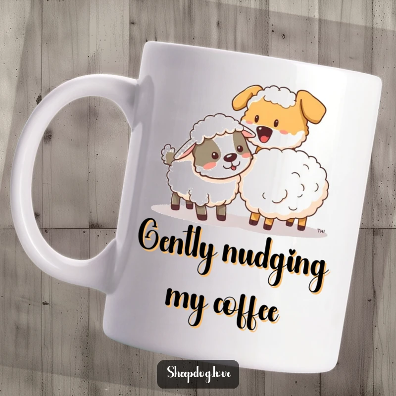 Funny sheepdog playfully nudging a lost sheep back towards the group with a soft expression on a mug.