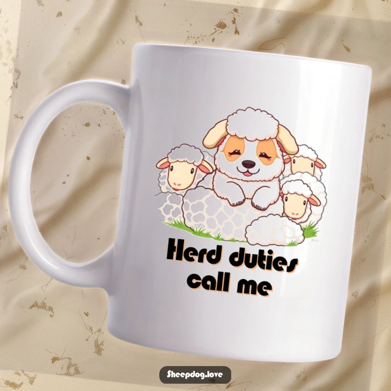Funny sheepdog mug featuring a contented sheepdog napping peacefully amongst its fluffy sheep, a hilarious scene of farm life.