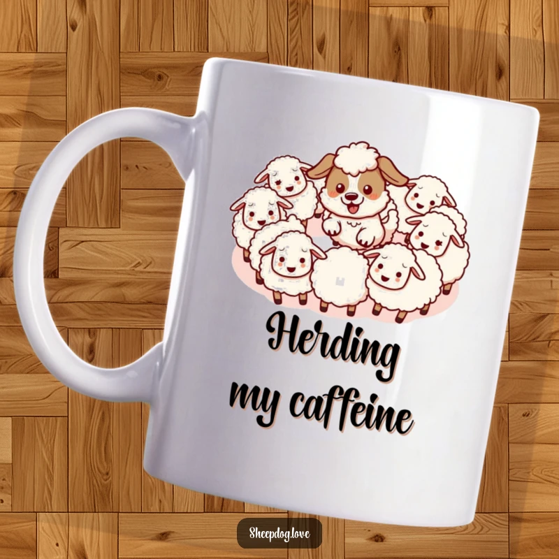 Funny mug with an energetic kawaii sheepdog rounding up fluffy sheep in a playful, circular motion, full of charm.