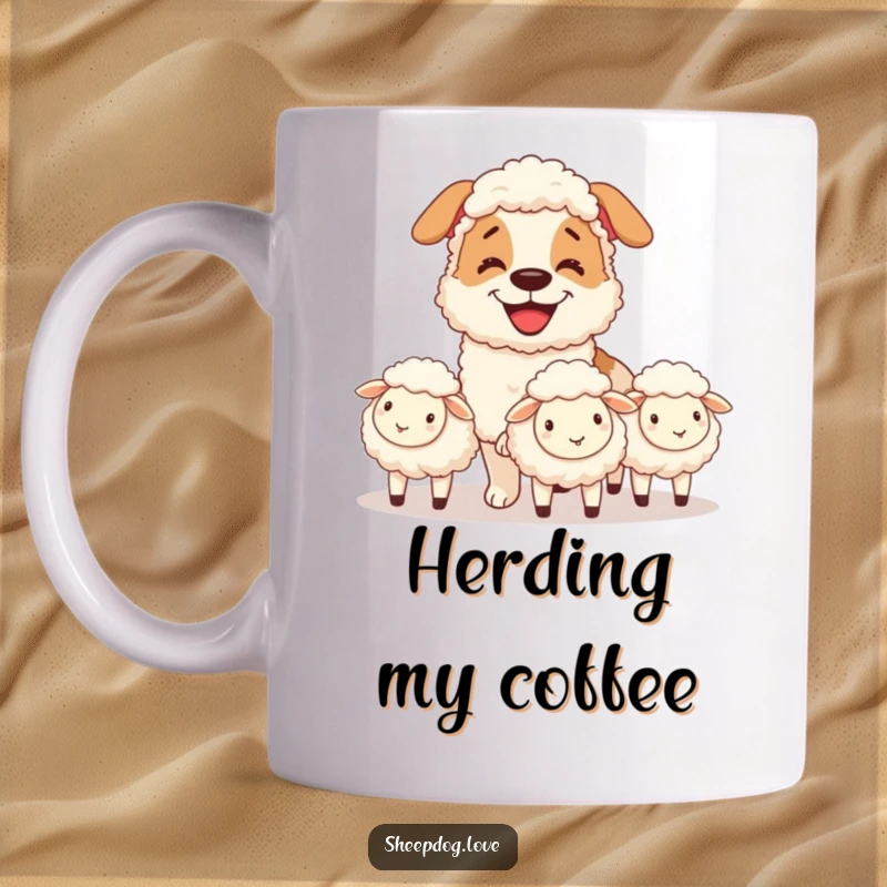 Funny mug depicting a sheepdog with a wide grin expertly herding fluffy sheep, a humorous tribute to loyal dogs.