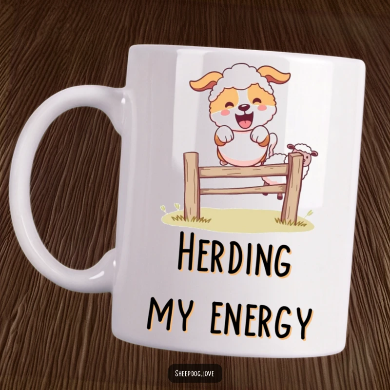 Funny sheepdog character joyfully leaping over a small fence with sheep in the background on a mug.