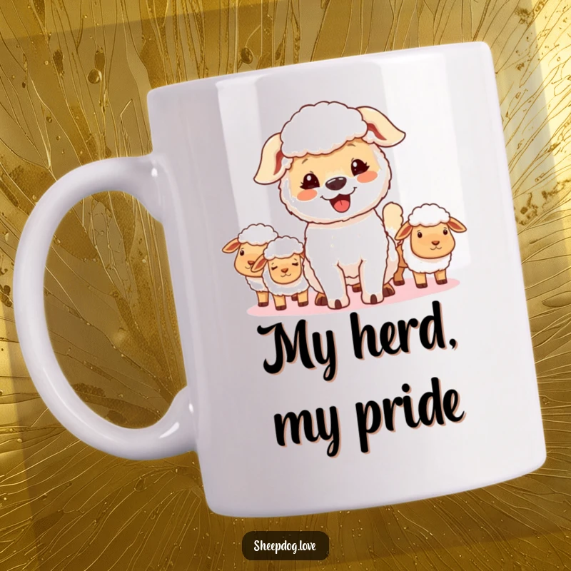 Funny sheepdog mug, a happy dog wagging its tail, looking content and proud while overseeing its sheep.