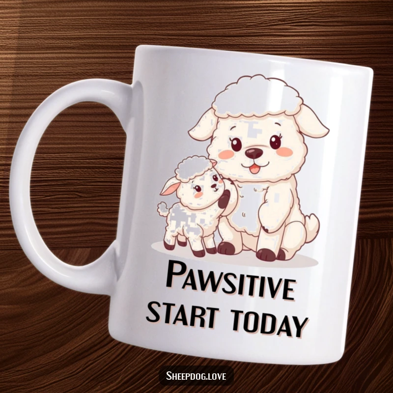 Funny sheepdog showing a paw to a curious lamb on a mug, depicting a heartwarming farm friendship.