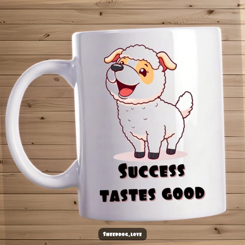 Funny mug showing a sheepdog wagging its tail excitedly after a successful round-up, a humorous depiction of canine pride.