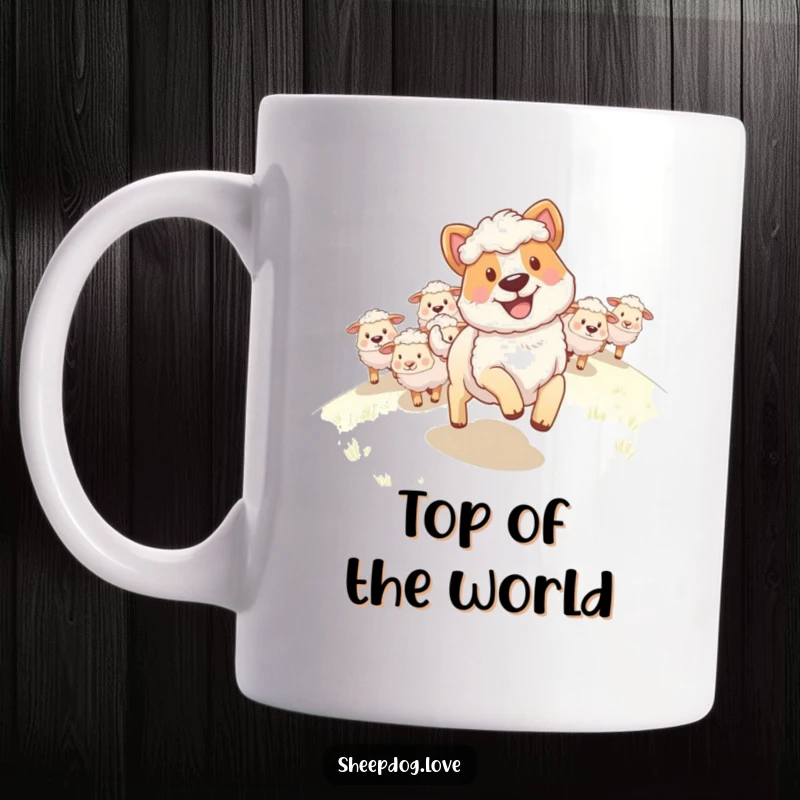 Funny Sheepdog Mug: A happy, grinning sheepdog leading a flock of sheep up a grassy hill, conveying joy.