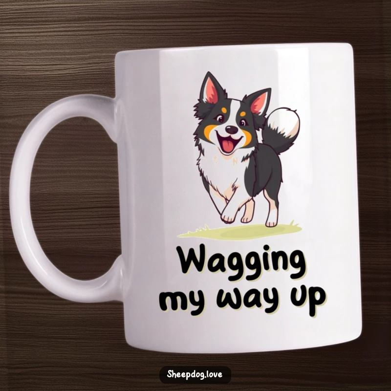 Funny border collie mug with a happily wagging tail dog engrossed in the joyful act of herding sheep with boundless energy.