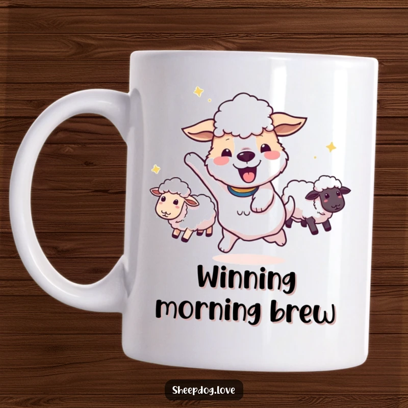 Funny happy sheepdog doing a victory spin with sheep in tow on a mug, celebrating accomplishment.