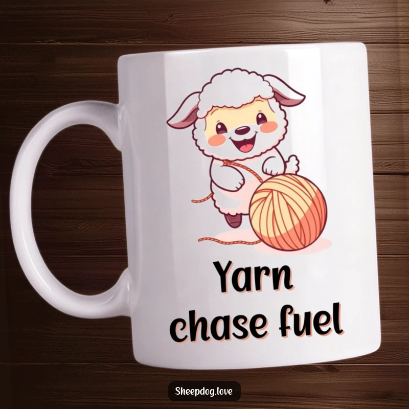 Funny Sheepdog Mug: A cheerful sheepdog gleefully catches a rolling ball of yarn, showcasing playful energy and adorable mischief, a perfect gift.